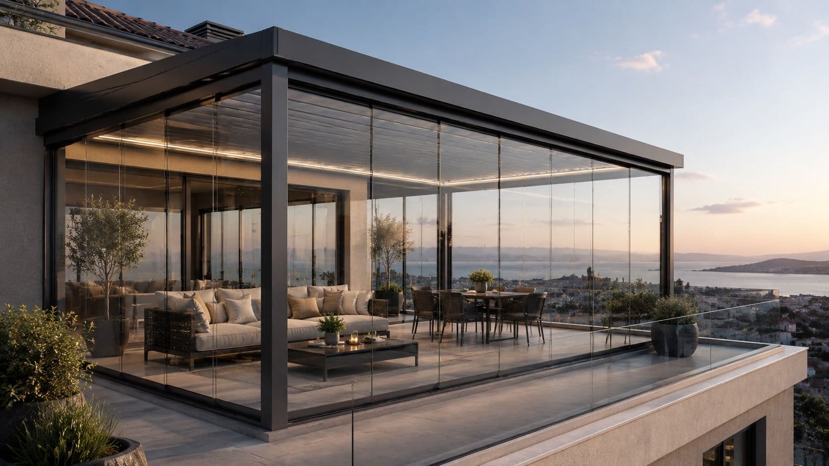 Antalya'da cam ile kapatılmış teras — Pergola Viva teras kapatma uygulaması